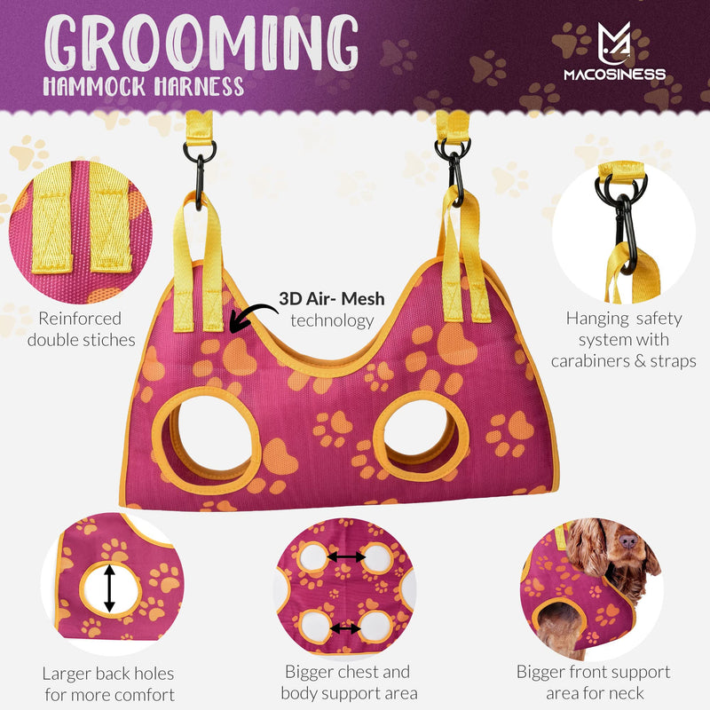 Pet Grooming Hammock for Nail Trimming - Complete Groomers Helper Set for Pet - Dog Grooming Hammock with Hook - Cat Nail Clipper - Dog Hammock for Nail Clipping (L, Purple with Gold Paws) PREMIUM SET - Purple with gold paws L - PawsPlanet Australia