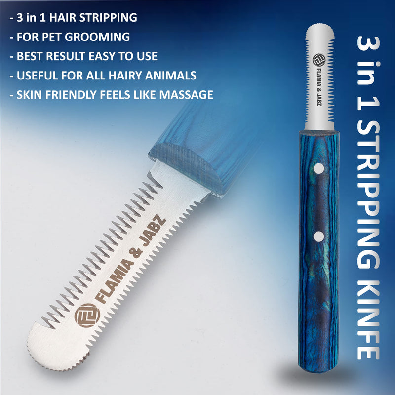 FLAMIA & JABZ FJ Professional Stripping Knife kit (6 pieces set) for Dogs & Pets, Wooden Handle Grip with Stainless Steel Blade (Right handed) (Blue) Blue - PawsPlanet Australia