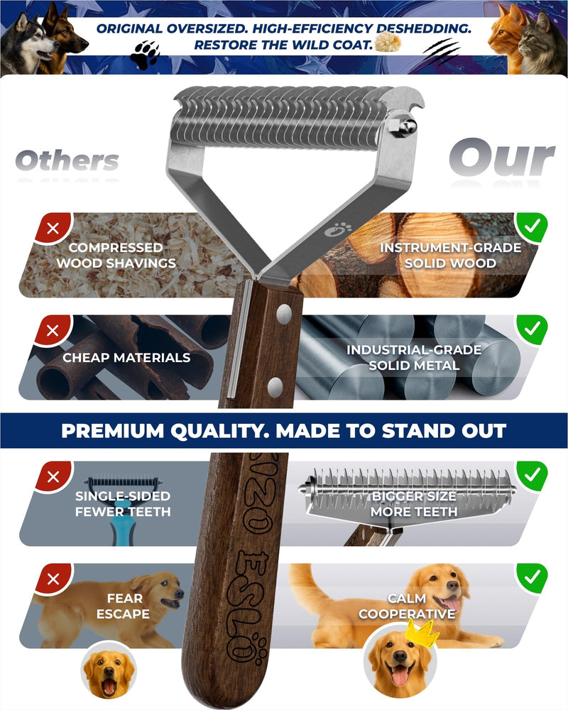 Extra Large 2-Sided Undercoat Rake for Dogs & Cats, Dog Brush for Shedding Remove Mats, Dematting Comb, Safe & Gentle Grooming Brush for German Shepherds Medium to Long-Haired Pets (Walnut Handle) XL - 14/27 Teeth - Walnut (Most Popular) - PawsPlanet Australia