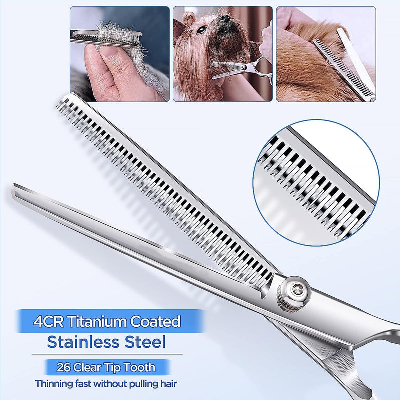 Dog Scissors, 6.7 Inch Stainless Steel Dog Grooming Scissor Kit with Safety Round Tips, Pets Grooming Shears with Thinning Shears & Curved Scissors for Pet Hair Fur Care
