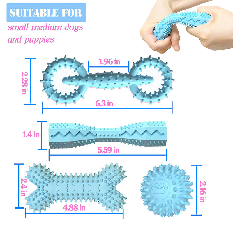 4 Pack Puppy Toys for 2-8 Months Teething Pets Dog Chew Toy Puppies Teeth Cleaning Toy Food Dispensing Soft Rubber Bone Funny Ball Interactive Donut Treat Dumbbell for Small Medium Dogs Blue - PawsPlanet Australia