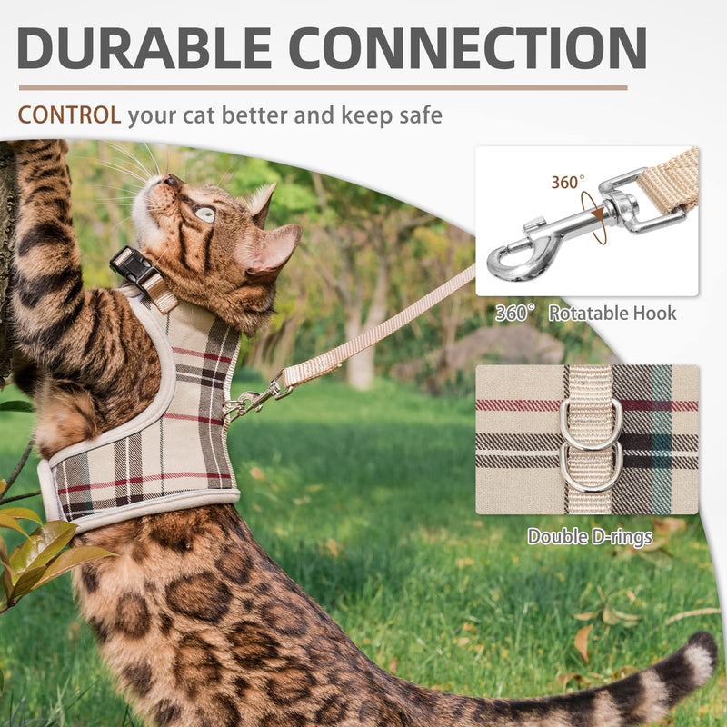 PUPTECK Soft Mesh Cat Vest Harness and Leash Set Puppy Padded Pet Harnesses Escape Proof for Cats Small Dogs Rabbits Bunny, Plaid Beige, L L(NECK 8.5"-10.5", CHEST 12.5"-15", 6-10 lbs) Beige(Plaid) - PawsPlanet Australia