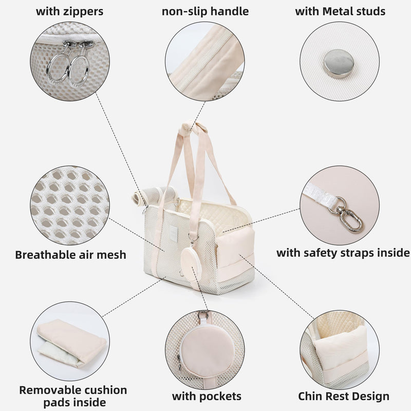 Pet Breathable Mesh Tote Bag, Pet Hands-Free Shoulder Bag,Dog and Cat Lightweight and Comfortable Pet Shoulder Bag, Pet Carrier Purse for Small Dog Cat（Can Hold 10 Pounds） Beige - PawsPlanet Australia