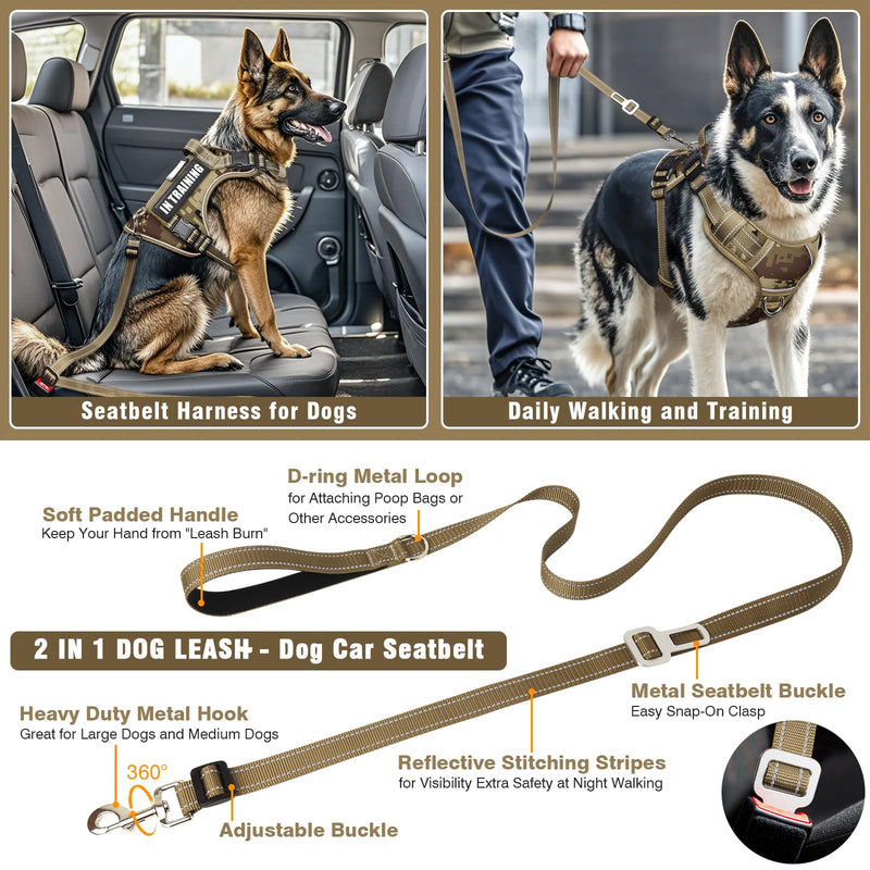 Tactical Dog Harness and Leash Set for Large Dogs,Heavy Duty No Pull Service Dog Vest and 10 Patches with Dog Seat Belt,Reflective Adjustable Pet Harness for Training Walking Hiking Camo L Desert Camo - PawsPlanet Australia
