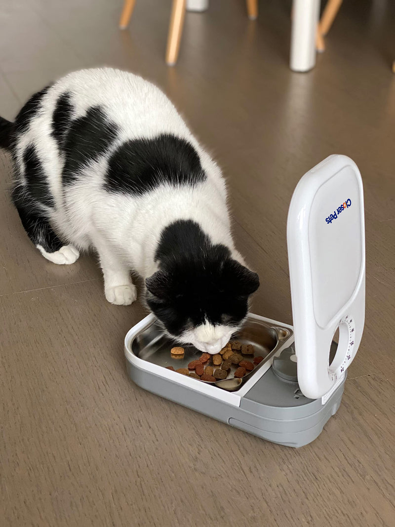 Closer Pets C100 Single Meal Timer-Controlled Automatic Pet Feeder - for Cats and Small Dogs, Wet or Dry Food with Stainless Steel Bowl Insert, up to 0.88 lb, White 1 Bowl Feeder With Stainless Steel Bowl Insert - PawsPlanet Australia