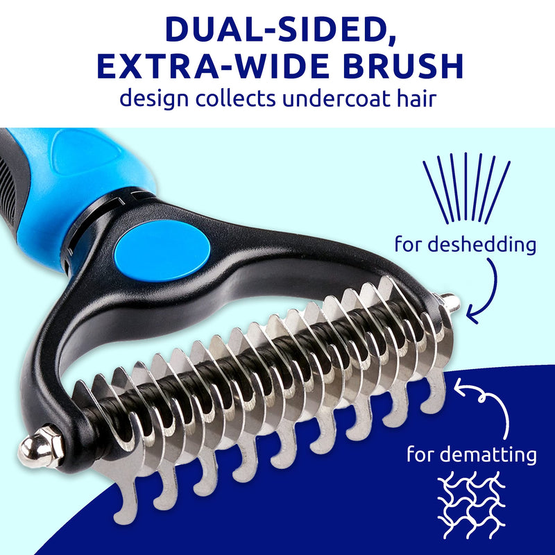Pat Your Pet Deshedding Brush - Double-Sided Undercoat Rake for Dogs & Cats - Shedding Comb and Dematting Tool for Grooming, Extra Wide Blue