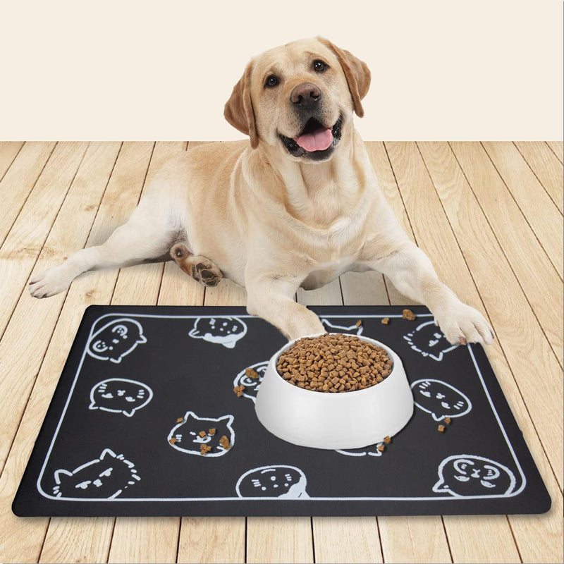 YCT Cat Food Mat for Pet Dog Food Mat, Cat Mat for Food and Water, Cat Feeding Mat Pet Dog Cat Bowl Mat, Non-Slip Super Absorbent, with Multiple cat Heads Logo，18.1 x 11.8 inches, Dark Grey 18.1x11.8 inches Dark Grey & Multiple cat heads Logo - PawsPlanet Australia