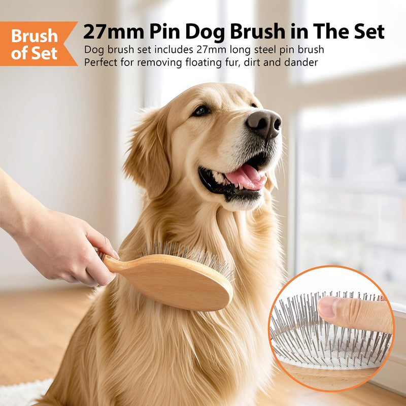 Dog Brush for Long Haired Dogs, 27mm Extra Long Metal Pin Dog Deshedding Brush and Comb Set, Short Haired Shedding Grooming Detail Pets Brush Set with Rubber Handle Set-3 Pcs - PawsPlanet Australia