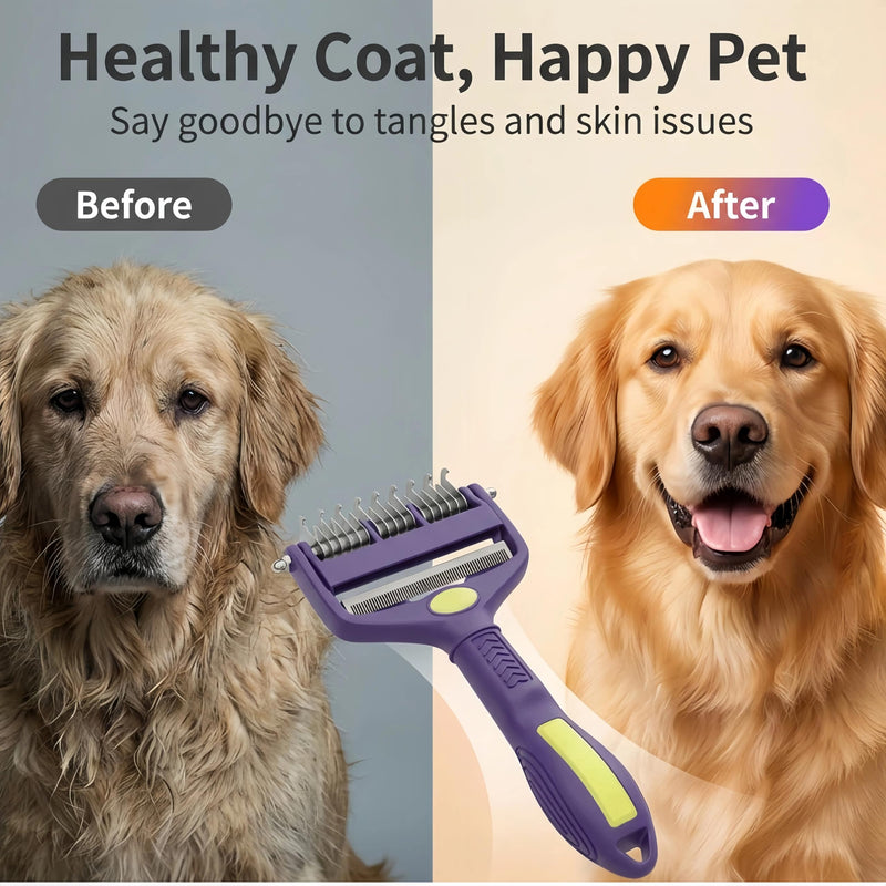 Dog Dematting Comb, 3-in-1 Pet Grooming Tool with 9+17 Teeth & Flea Remover, Stainless Steel Undercoat Rake for Matted Hair, Long-Haired Dogs Cats