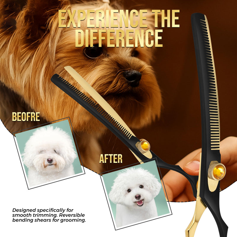 ZAVRIX Professional Dog Grooming Scissors – 7.5” Curved Thinning Shears with 34 Teeth, Pet Chunkers for Dogs & Cats, Premium 440C Stainless Steel Grooming Tools (Golden Black Curved Thinning Scissor) Golden Black Curved Thinning Scissor - PawsPlanet Australia