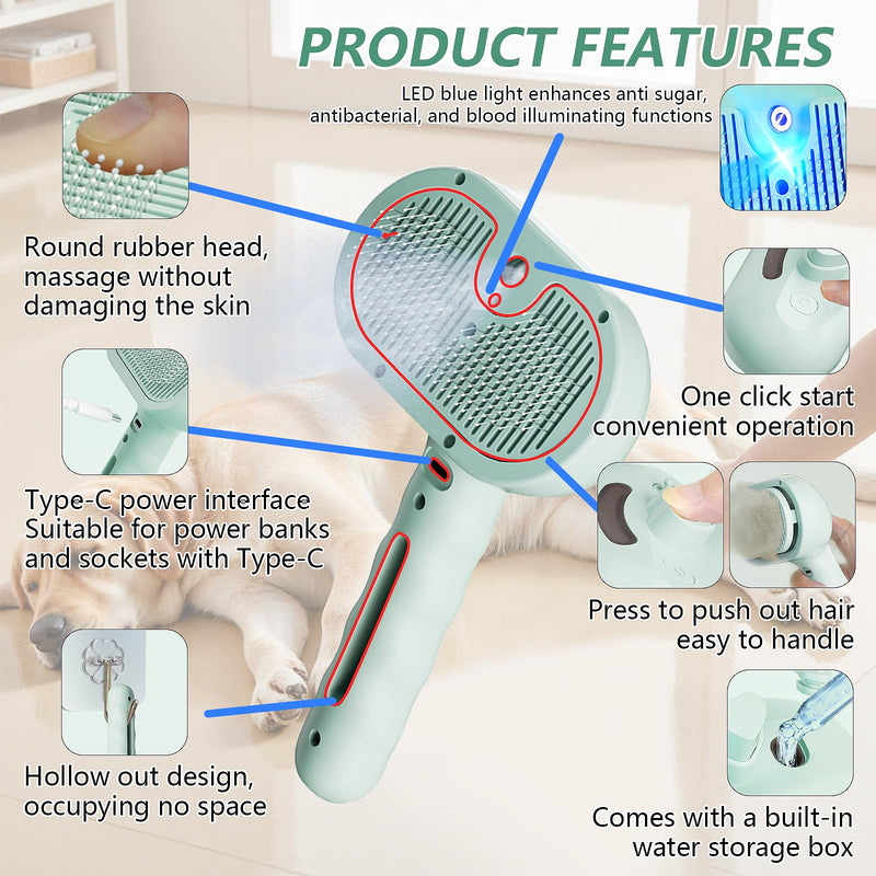 4 in 1 Pet Grooming Brush with Steam, Spray & Blue Light Sterilization – Hair Removal Comb for Dogs & Cats with Water Tank, Mist Release, Stainless Steel Teeth & Ergonomic Handle(Purple) Purple