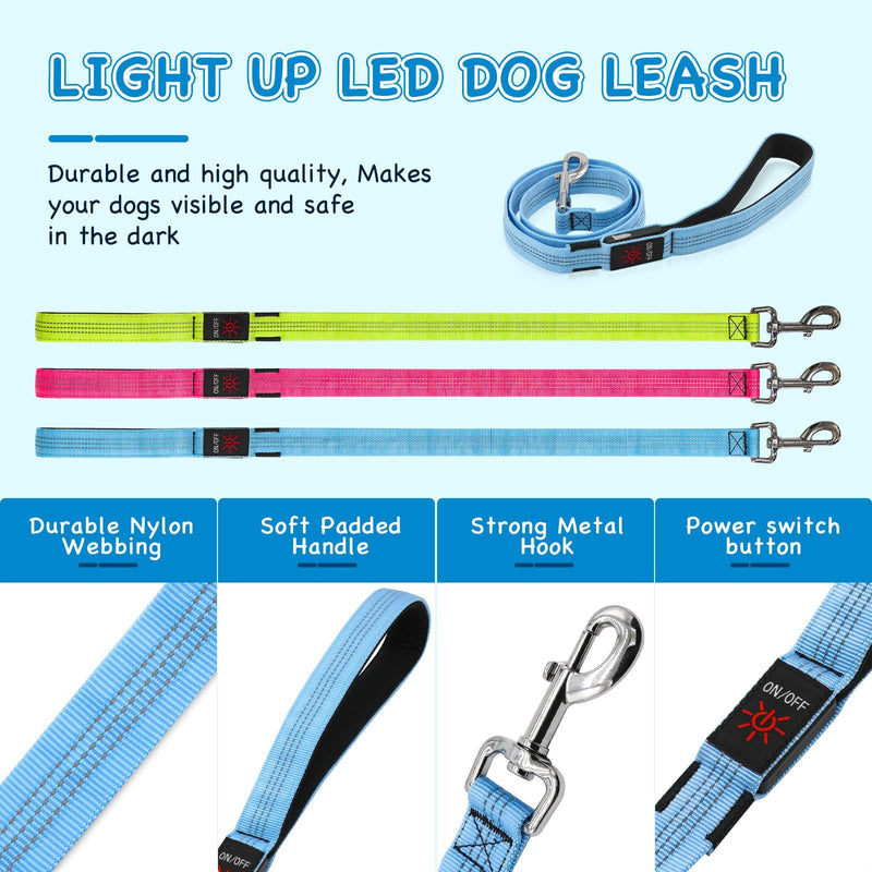 Weesiber Glowing Light Up LED Dog Leash - 4ft USB Rechargeable Flashing Nylon Leash for Small Medium Large Dogs, 3 Flash Modes Blue - PawsPlanet Australia
