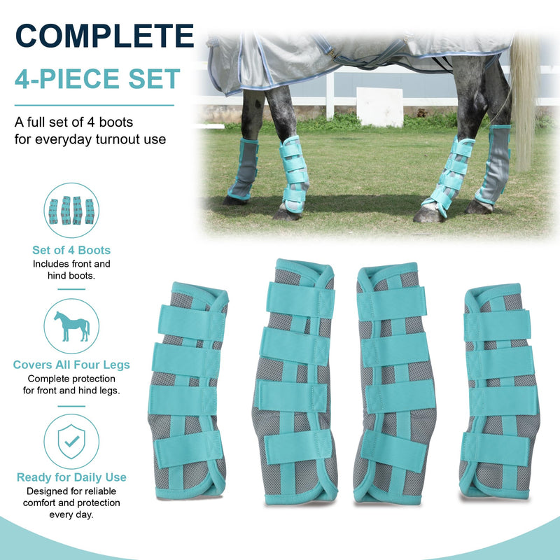Horse Fly Boots Set of 4 - No-Rub Airflow Mesh Leggings to Reduce Stomping - Stay-on Breathable Horse Leg Wraps for Pasture, Stable & Field Green Full
