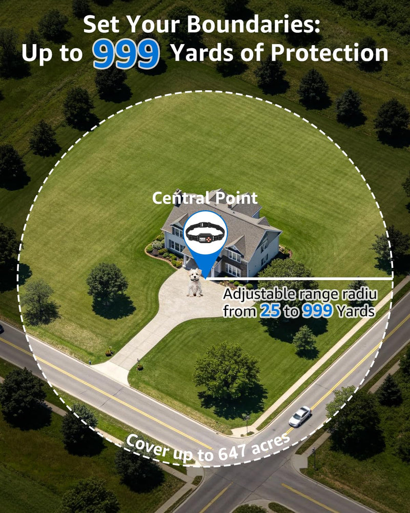 GPS Wireless Dog Fence with No Subscription, 25-999yards Adjustable Boundary, IPX7 Waterproof, Beep Vibration Shock Correction, Outdoor Use, for Dogs Over 18 Lbs