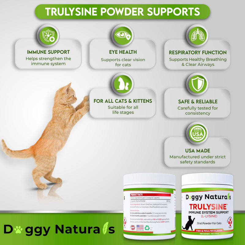 Trulysine L-Lysine for Cats Immune Support Oral Powder 4oz/100g - Cats & Kittens of All Age, Sneezing, Runny Nose Squinting, Watery Eyes - Fish & Poultry Flavor (U.S.A)(100 Grams ( 500mg / Scoop)) 100 Grams ( 500mg / Scoop)
