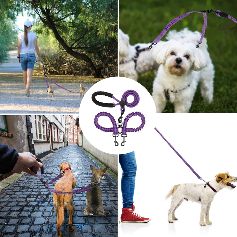 BAOBOTE Double Dog Leash,Dual Dog Leash with Shock Absorbing Bungee Reflective for Two Dogs 360 Swivel No Tangle (Purple) Purple - PawsPlanet Australia