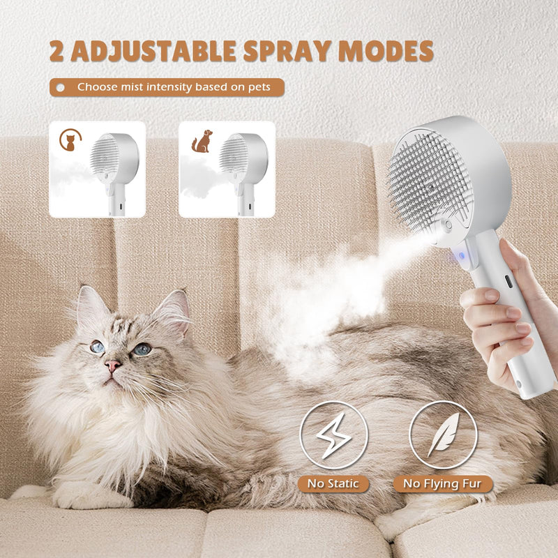 Cat Steam Brush,Cat Brushes for Indoor Cats, 4 In 1Spritz Spray Defur Comb, Cloud Care Shedding Control, Pet Grooming Brush for Long Short Hair Cats Dogs, Massage Clean Design Pet Steam Brushes White