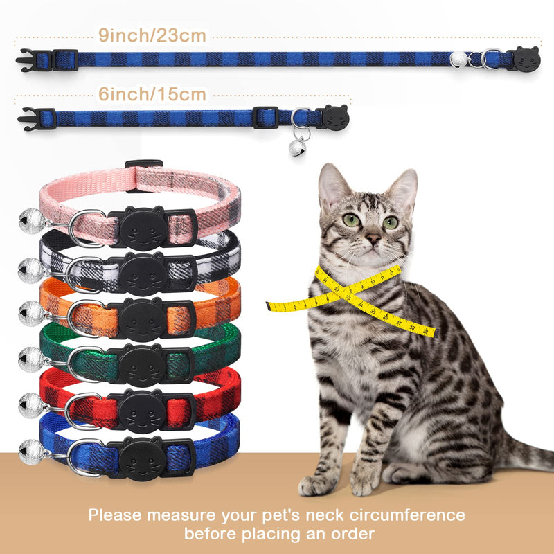 6 Pack Classic Plaid Cat Collars with Bells - Breakaway Kitten Collar and Adjustable 6-9 in,Cute Kitty Collar for Girl Boy Cats,Pet Gifts,Accessories,Supplies,Stuff 6''-9''