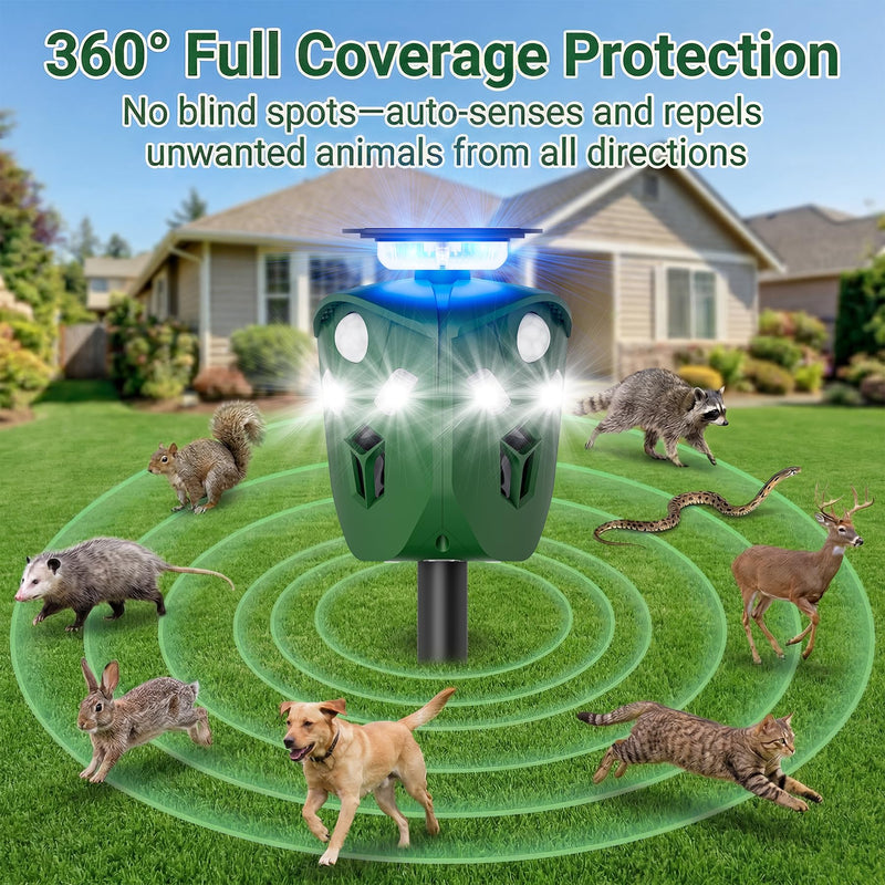 360° Solar Ultrasonic Animal Repellent Outdoor, Deer Repellent Devices with Flash Lights, Animal Deterrent Devices Outdoor for Squirrels, Snakes, Cats, Dogs, Rabbits, Opossums, Coyotes, Raccoons - PawsPlanet Australia