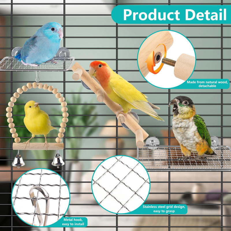 4Pcs Bird Perches Toys, Stainless Steel Perch Platform (2 Sizes), Natural Wood Parrot Climbing Ladder & Swing with Bell, Play Gym Cage Accessories for Budgie Cockatiel Lovebird Canary Conure - PawsPlanet Australia