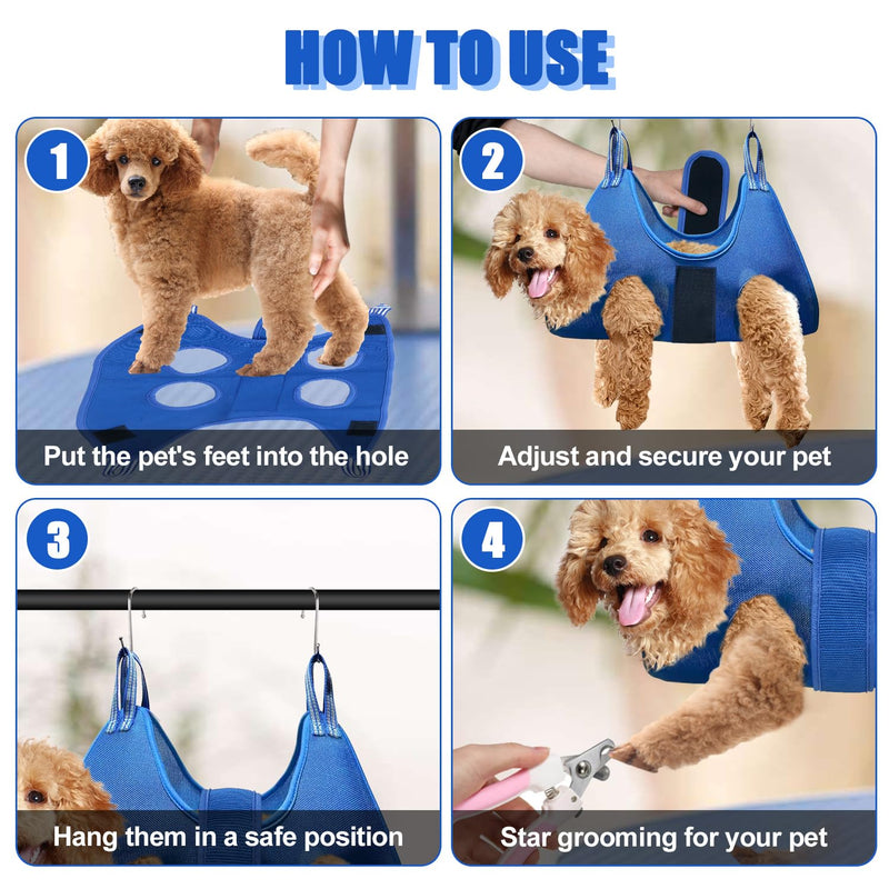 Dog Grooming Hammock Kit, MACUNIN Upgraded Pet Grooming Harness with Adjustable Velcro Widen Strap, Dog Grooming Hammock Pet Supplies for Dog Cat Claw Care, Grooming, Bathing, Nail Trimming Medium 2nd Generation-Blue - PawsPlanet Australia