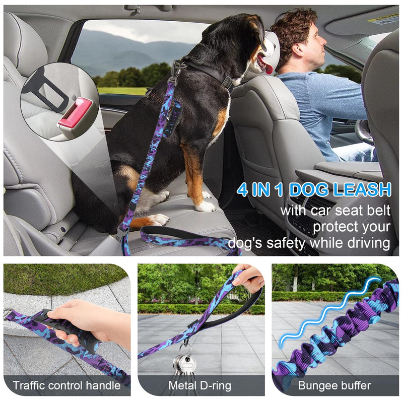 Tactical Dog Leash Heavy Duty, 4-6FT Shock Absorbing Bungee Dog Leash, Strong No Pull Military Dog Leash with 2 Control Handles and Car Seatbelt for Medium Large Dogs, Purple Camo - PawsPlanet Australia