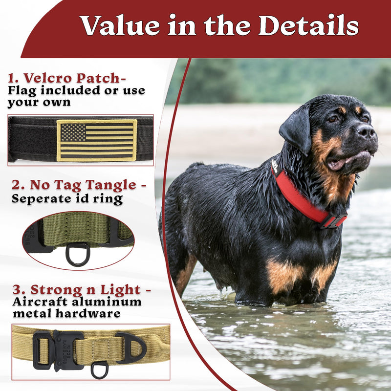 Advanced Red Tactical Dog Collar with Handle - Heavy Duty, Thick Dog Collar Made with Lightweight Metal Hardware and Ultra-soft Neoprene Padding - Military Dog Collar for Medium, Large, X-large Breeds XL (1.5in x 21.0in - 26.0in) Fire Brick Red - PawsPlanet Australia