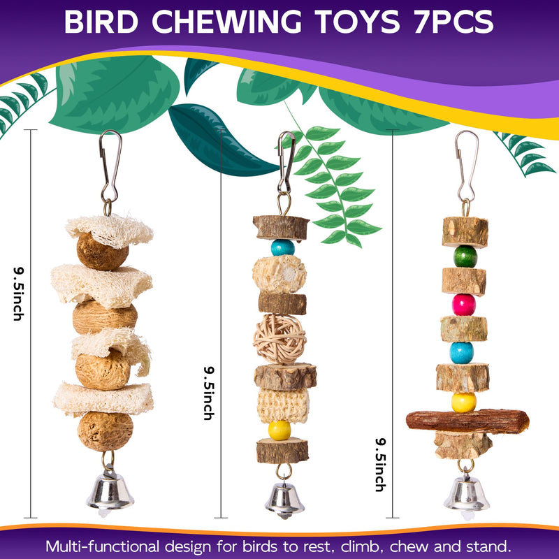 Bird Parakeet Toys 7PCS - Perch Parrot Cage Accessories Chewing Stuff, Natural Wooden Foraging Chew Toys for Budgerigars, Conure, Cockatiel, Finch, Lovebirds, Perches for Medium, Small Birds