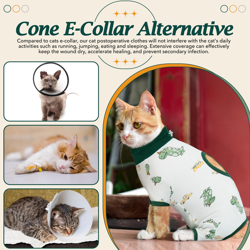 DENTRUN Cat Surgery Recovery Suit Female Male Soft Onesie, Kitten Surgical Collar Cone Alternative Shirt, Abdominal Wounds Anti-Licking Pajama for Small Pets Spay, Cat Body Suit Post Surgery XL Green Dinosaur - PawsPlanet Australia