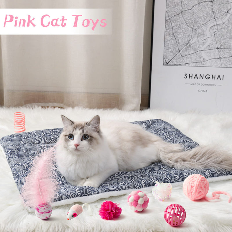 MALLMALL6 10Pcs Cat Toy Set Interactive Cat Toys Pack Including Feather Teaser Wand Cat Springs Mice Crinkle Balls and Pet Bell Balls, Puzzle Toys for Indoor Cats Gift (Pink) Pink - PawsPlanet Australia