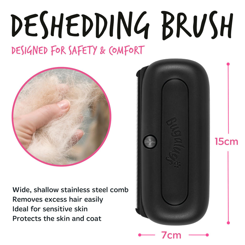 Bugalugs Deshedding Brush for Dogs, Cats, Horses - Pet Grooming Tool that is Gentle & Effective With Wide Shallow Comb, Smooth Groomer for Dog, Cat and Horse (Black) Black