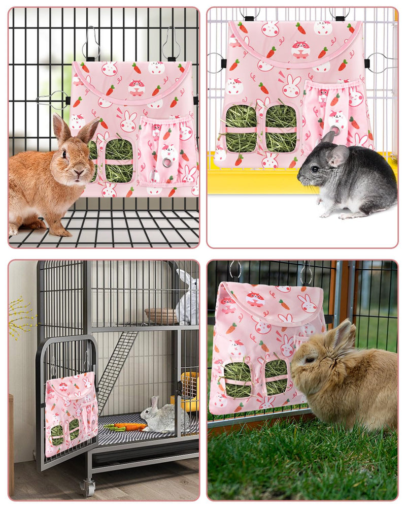 Bissap Rabbit Hay Feeder Bag, 2 Holes Hanging Hay Feeder Guinea Pig Hay Bag with Side Pocket for Rabbits Bunny Chinchillas Hamsters Rats and Other Small Pets Small Animal - S (Pink) ﻿ - PawsPlanet Australia