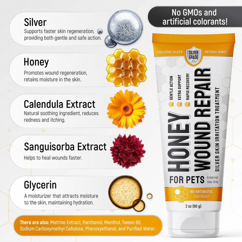 Hot Spot Treatment for Dogs Gel – Safe with Dog Cone – Colloidal Silver – No Antibiotic Ointment for Dog – Cuts, Rashes, Irritations & Bites – Honey Wound Repair Gel – All Breeds – 2 Pack Set x 2 oz