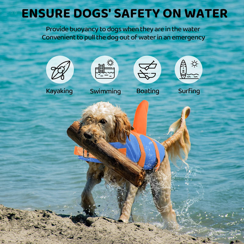 Queenmore Dog Life Jacket, Adjustable Dog Life Vest, Pet Lifesaver for Swimming, Shark Life Jacket with Rescue Handle, Rip-Stop Safety Vest for Small Medium Large Dogs Orange