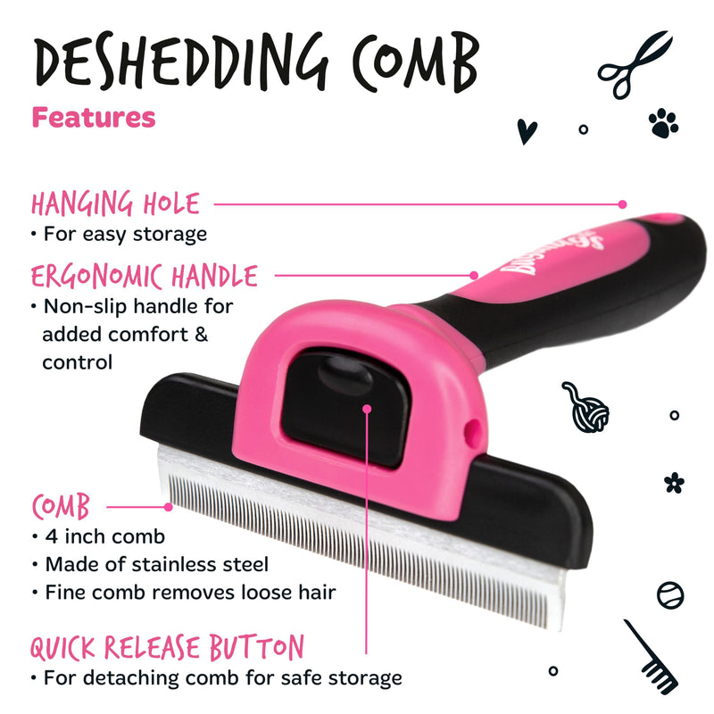 Bugalugs Deshedding brush for dogs, cats, horses & pets. Professional pet comb brushes for grooming for short to long hair undercoat rake brush. Reduces shedding