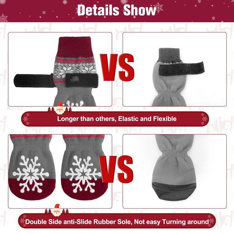 BEAUTYZOO Christmas Winter Anti-Slip Dog Socks with Grips Traction Control for Small Medium Large Dogs, Non Skid Indoor Double Side Pet Paw Protector for Hardwood Floor Wear, Snowflake M M(Pack of 6) Snowflake Red - PawsPlanet Australia
