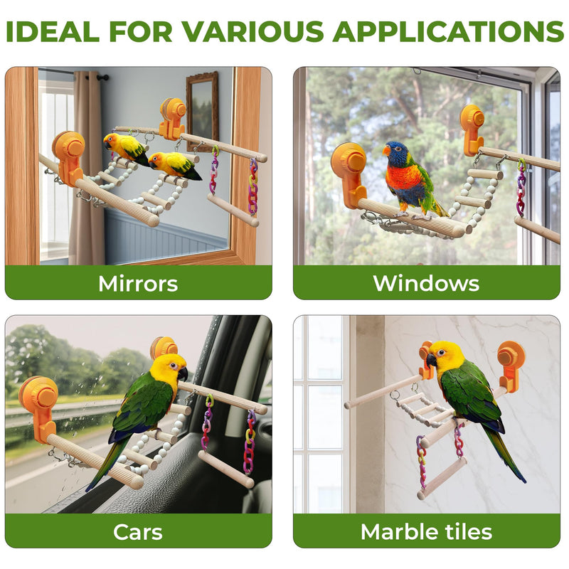 Wood Window Bird Perch Toy with Suction Cup, Climbing Ramp Ladder Platform, Enrichment Accessories Stuff for Parrot, Parakeet, Budgie, Cockatiel, Finches to Playstand Bath Car, Love Travel Inside Cage - PawsPlanet Australia