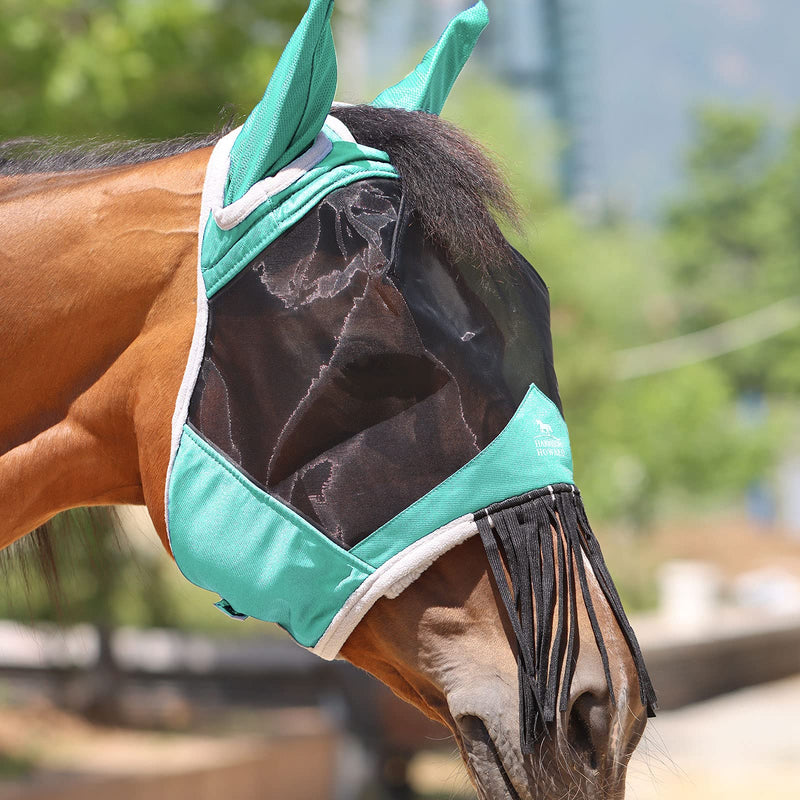 Harrison Howard CareMaster Horse Fly mask with Ears and Nose Fringe Fly Protector Defender Mask Summer Mint Full Size Full (Large) - PawsPlanet Australia