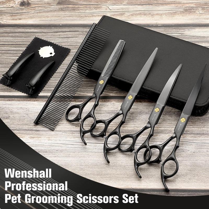Professional Dog Grooming Scissors Set - 6.5" Thinning, 7" Straight, 7" Up-Curved, 7" Down-curved Scissors and Comb for Dog Cat Pet (Black) Black - PawsPlanet Australia