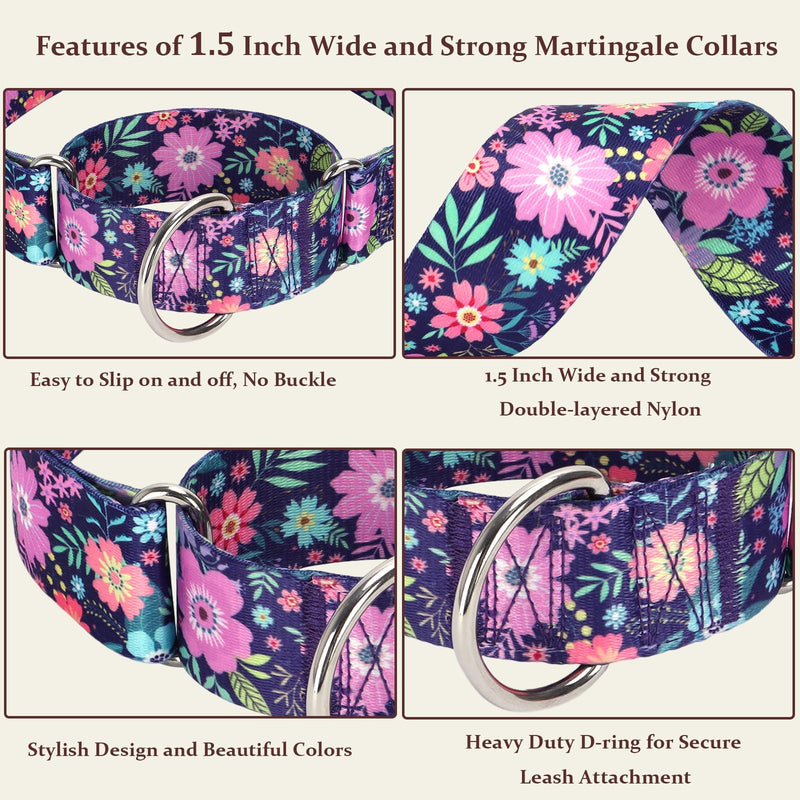 Wide 1.5 inch Martingale Collar for Medium Dogs,Big Thick Dog CollarNo-Slip Escape Proof Choke No Pull Cinch for Male and Female Dogs for Training & Walking -Bohemia Flowers M 15 M(Neck14-18")