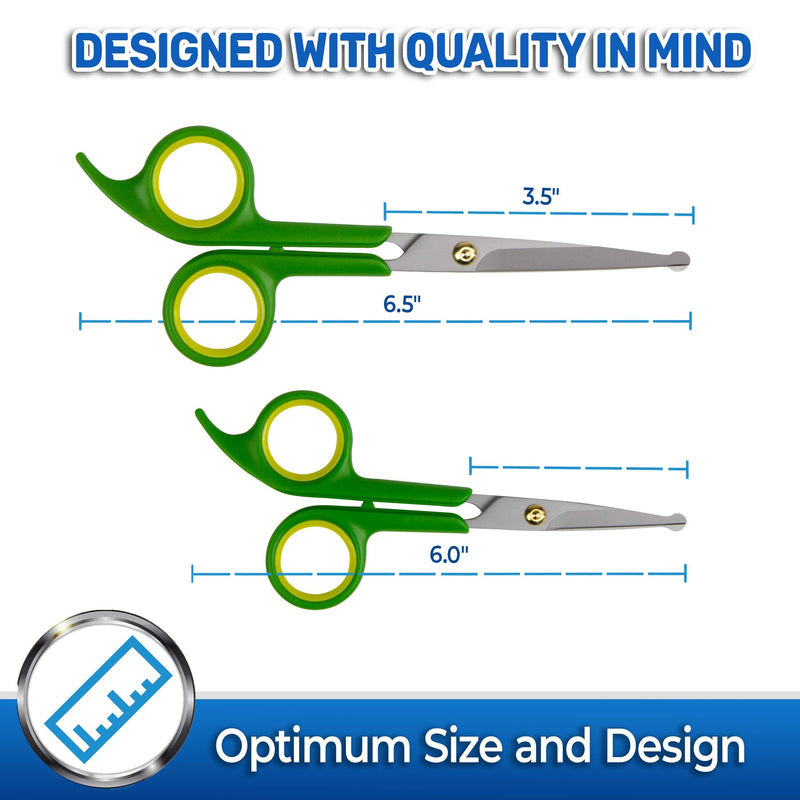 Pet Magasin Japanese Stainless Steel Grooming Scissors (2) for Facial Hair and Larger for Body Trimming with Round Tip Light Green and Yellow Large - PawsPlanet Australia