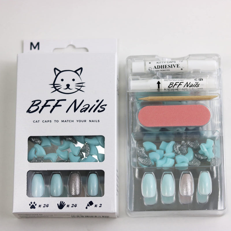 Cat Nail Caps for Cats with Matching Acrylic Press-On Nails for Humans (Medium, Light Blue with Silver Accent) Medium - PawsPlanet Australia