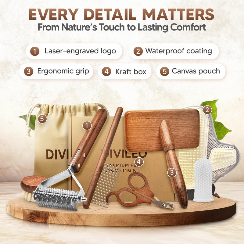 Premium Waterproof Wooden Pet Grooming Kit – Professional Deshedding, Dematting & Nail Trimming Set for Dogs, Cats & Small Pets – 10-Piece Gift Box with Canvas Pouch - PawsPlanet Australia