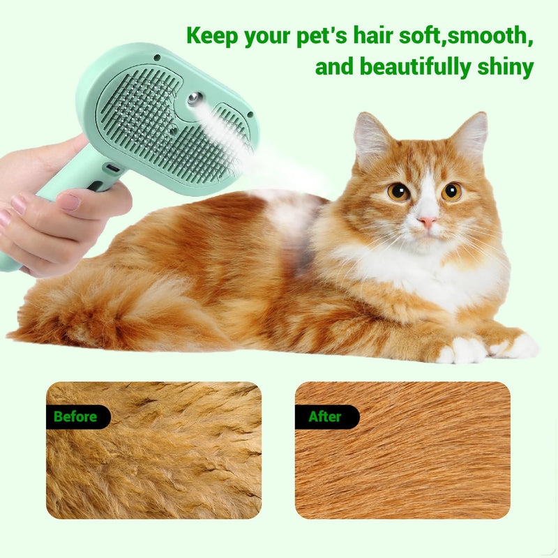 Cat Steam Brush 3 in 1 Steamy Pet Hair Removal Comb Brush Self Cleaning Anti Static Effective Hair Removal Cat Grooming (Green) Green - PawsPlanet Australia