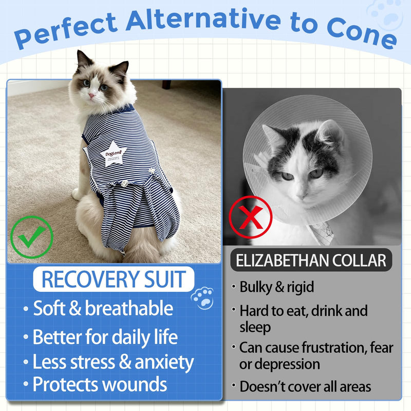 Cat Recovery Suit Surgery Spay Neuter Onesie, Breathable Anti-Licking Female Cat Kitten Bodysuit for Abdominal Wounds Skin Disease Post-Surgery Healing (Blue & White Stripes) (X-Small) X-Small