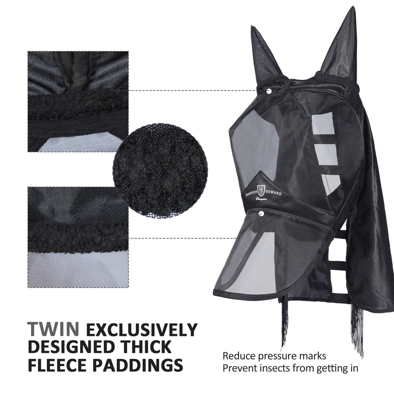 Harrison Howard Pro Fly Mask with Extended Neck Cover Large Eye Space Full Face UV-Proof Mane Styling for Horse Black L - PawsPlanet Australia