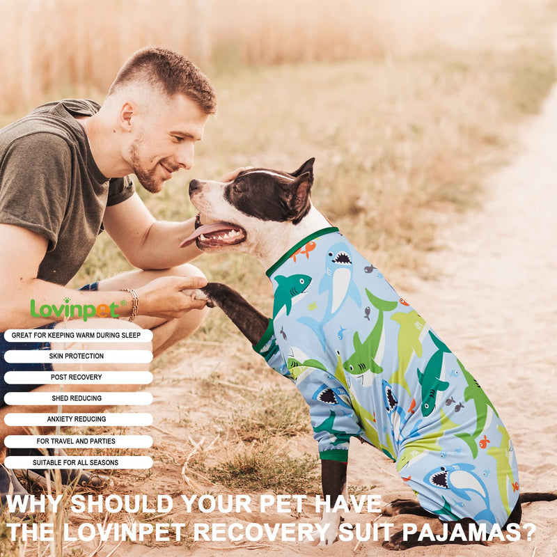 LovinPet Surgical Recovery Shirt for Large Dogs, Undershirt for Dog Coats, Lightweight Stretchy Knit Dog Onesie, Big Bites Turquoise Print Dog Jammies, UV Protection, Large Breed DogPj's, L Green/Blue Update - PawsPlanet Australia