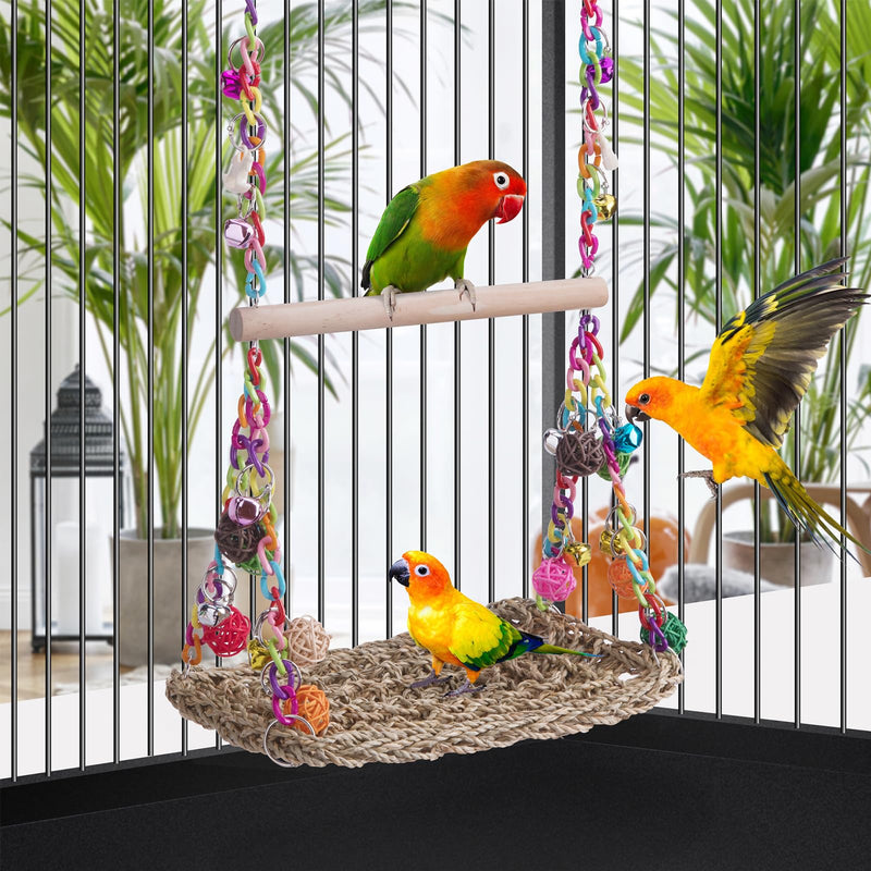 Bird Swing Toys with Wood Perch, Seagrass Woven Parrot Platform Bird Climbing Hanging Hammock Bird Perch Stand Chewing Toy for Parakeets,Budgie, Conure, Cockatiel,Lovebird - PawsPlanet Australia