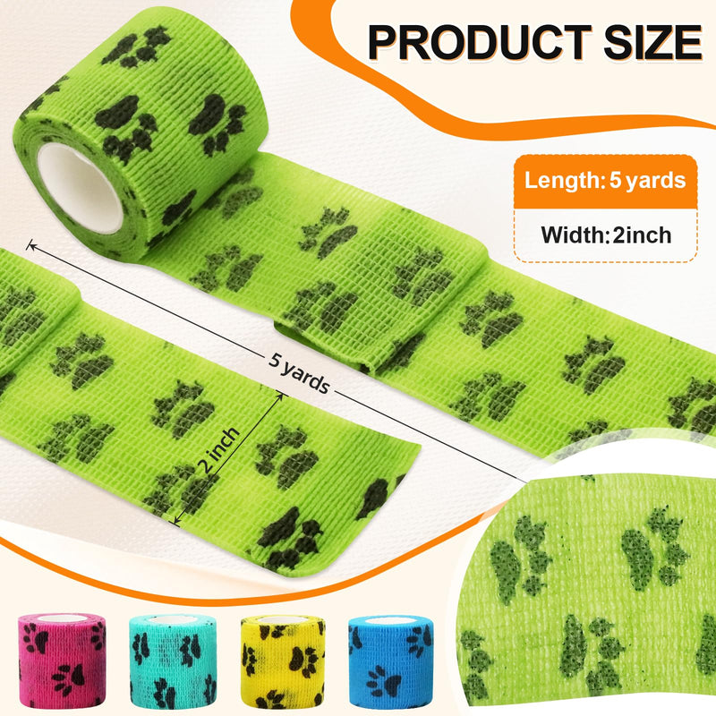 10 Pack Self Adhesive Bandage Wrap，2" X 5 Yards Elastic Cohesive Bandage Wrap Non-Woven Tape Breathable First Aid Tape,Vet Wrap for Horses Dogs Pets,Cat, Bird, Animal（5 Colors ） (Claw Print) Claw Print