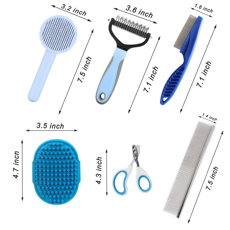 Cat Grooming Brush Kit 6 Tools - Deshedding & Dematting for Long/Short Hair, Self-Cleaning Slicker Brush with 6-in-1 Flea Comb for Cats & Kittens (Blue) Blue - PawsPlanet Australia